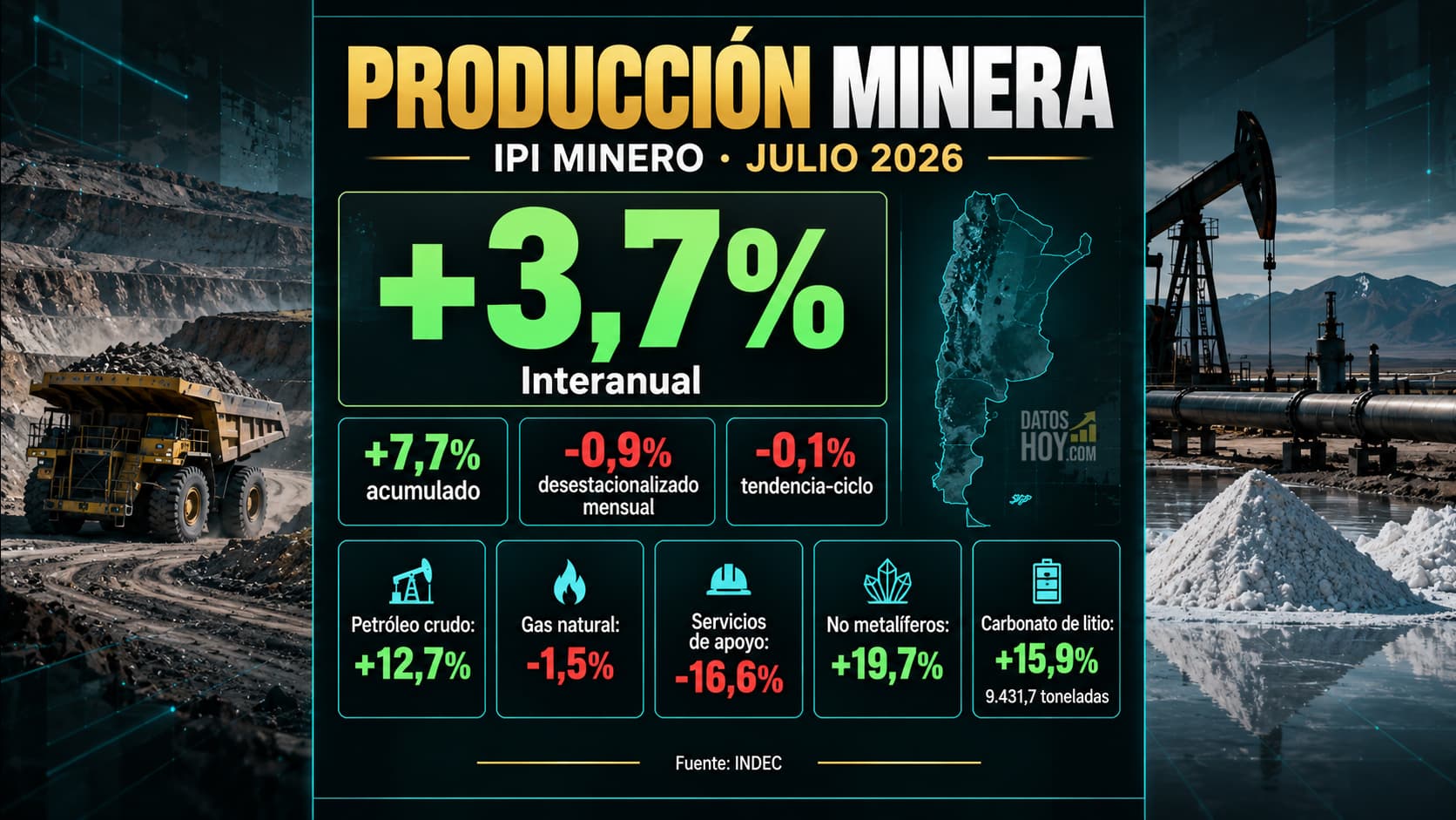 El IPI minero acumuló una suba de 7,7% entre enero y julio, aunque retrocedió 0,9% frente a junio.