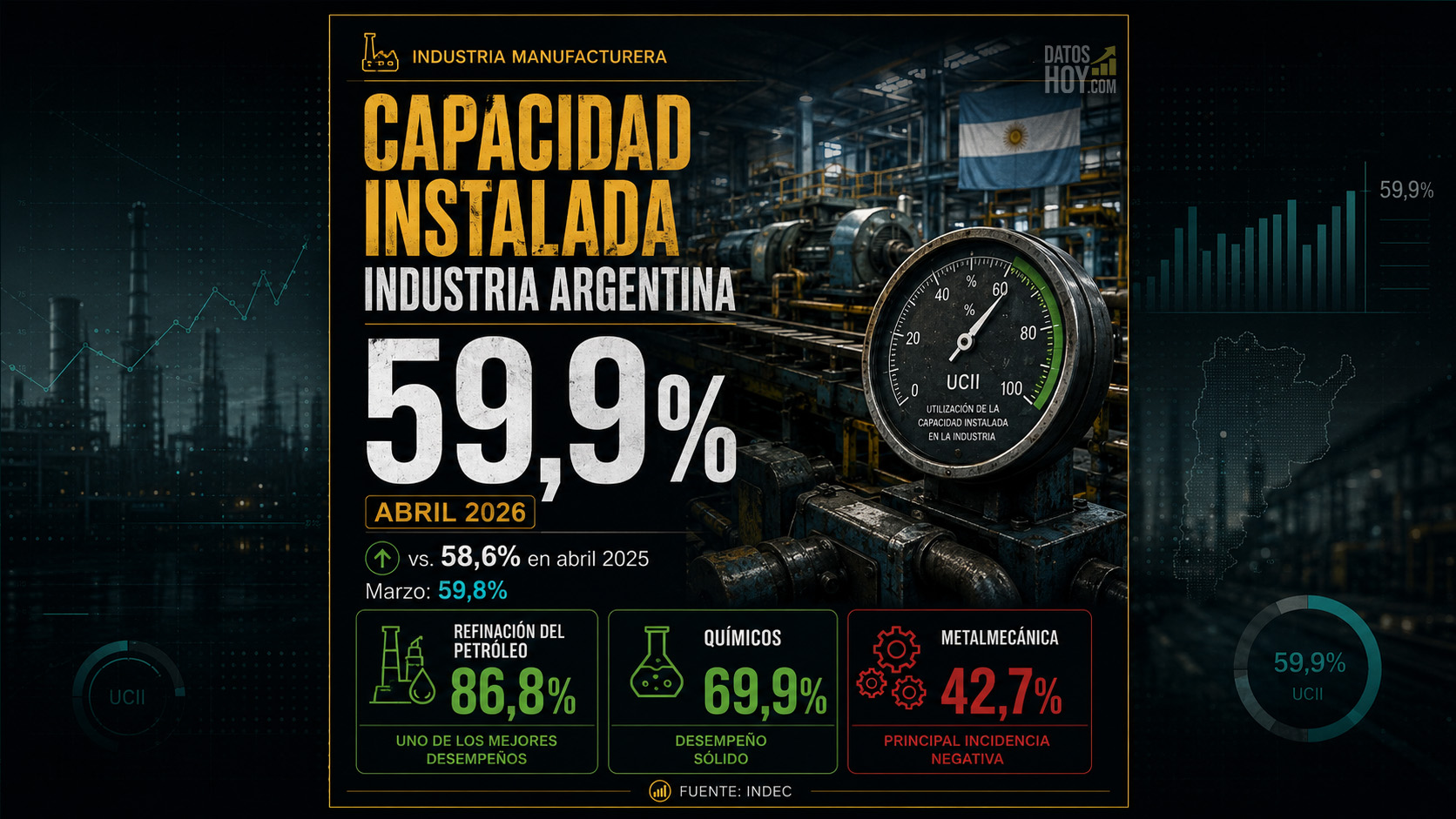 La utilización de la capacidad industrial creció al 59,9% en abril Portada de DatosHoy sobre la capacidad instalada industrial en abril de 2026, con utilización del 59,9%, mejora frente al 58,6% de 2025 y destaque de refinación del petróleo, químicos y metalmecánica según INDEC.