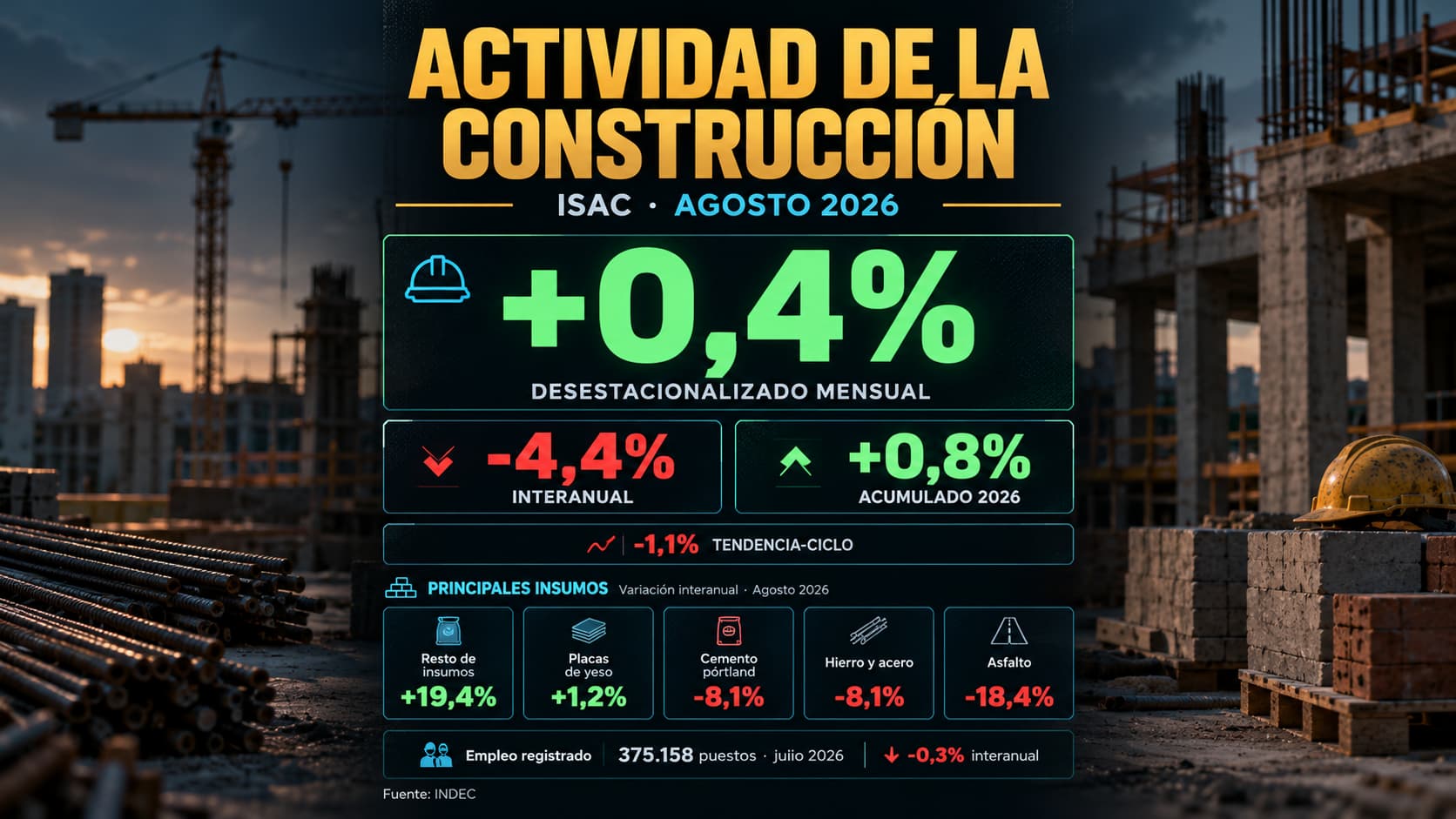El ISAC avanzó frente a julio, aunque registró una caída interanual de 4,4%. En 2026 acumula una suba de 0,8%.